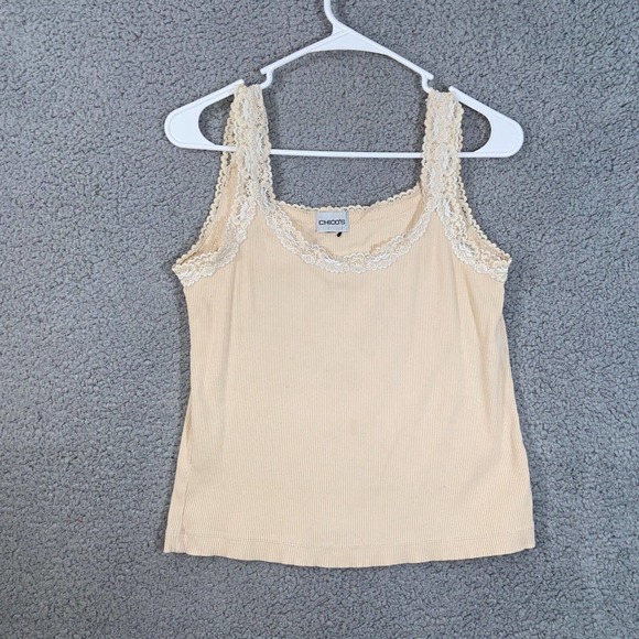 Chico's Top Womens 0 Camisole Lace Sleeves Strap Scoop Neck Ribbed Knit Solid - Picture 1 of 11
